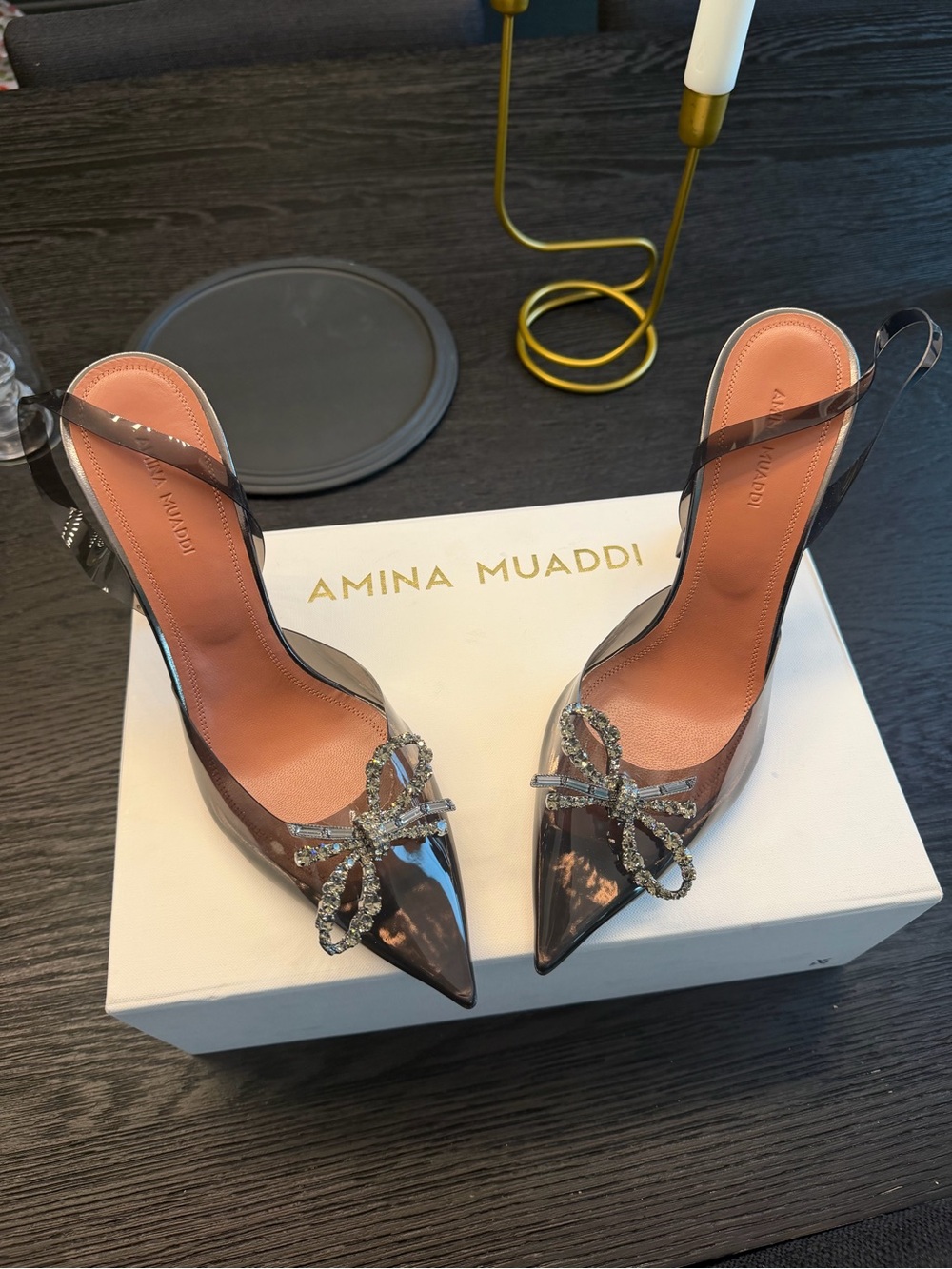 Amina Muaddi  Slingback Heels with Crystal Bow